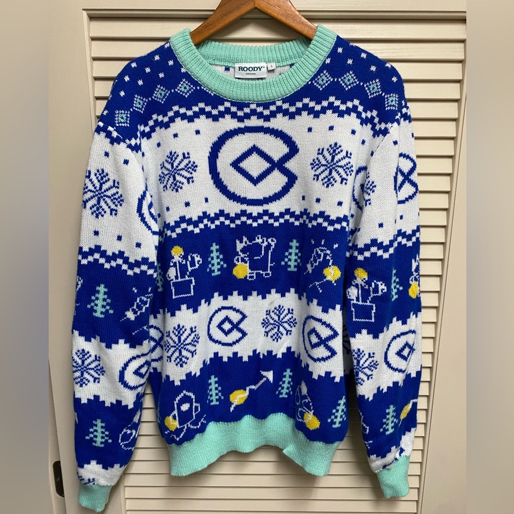 Roody Ugly Christmas Sweater L Blue White Knit Cow Tree Snowflake Funny Comedy